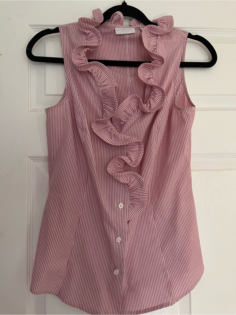 New York & Company Pink Striped Ruffle Front Sleeveless Blouse